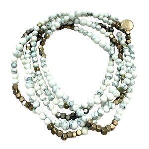 Set Of 5 Vintage Anthropologie Howlite Stretch Beaded Bracelets White & Gold